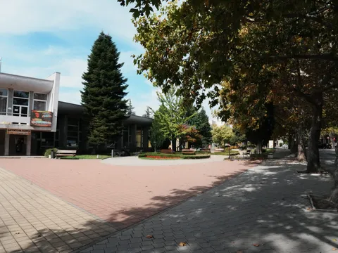 Читалището и сенчестата алея с дървета покрай площада