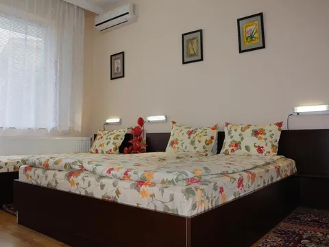 Двойна стая с легло с флорална завивка, картини и климатик