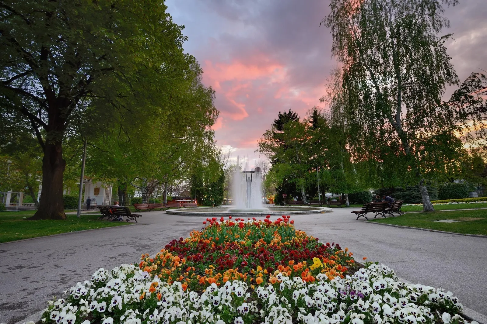 Фонтанът „Момина сълза“ в парка по залез, отпред цветна леха с лалета