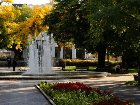 Фонтанът в парка в есенни цветове, отпред леха с червени цветя
