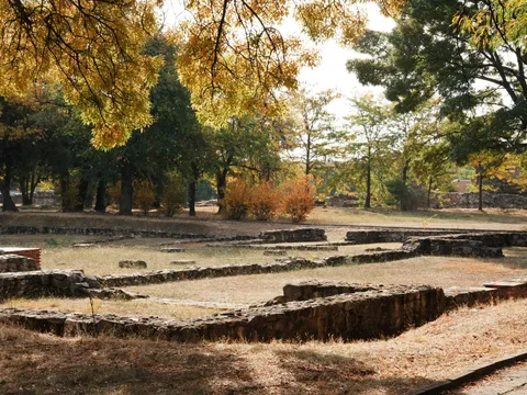 Ниските каменни основи на помещенията сред есенния парк