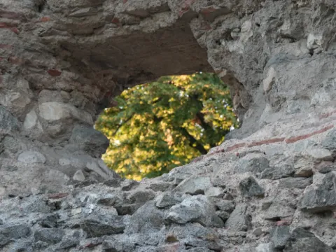 Отвор в древната зидария от камък и тухли, зад него зелено дърво