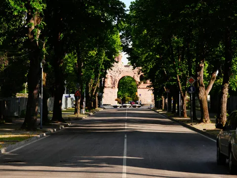 Права улица под дървета, в дъното тухлената арка на портата