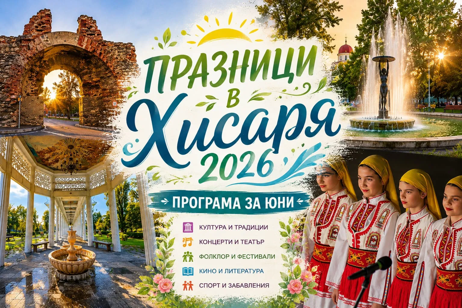 Плакат „Празници в Хисаря 2026“ с програмата за юни и колаж от забележителности