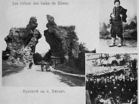 Стара снимка: колаж с Камилите, старец с тояга и група селяни